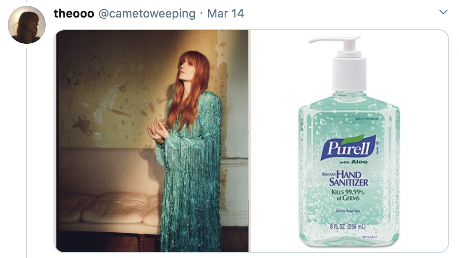 celebrities as hand sanitisers, hand sanitiser, sanitizer, hand, gel, meme, celebs, celebrity, Twitter, thread, coronavirus, COVID-19, wash, Florence Welch