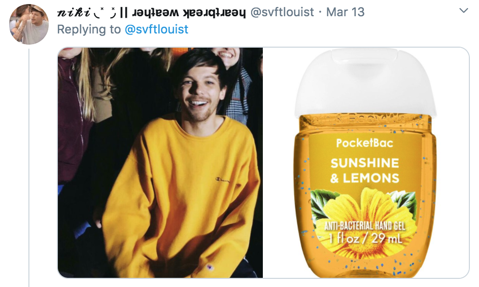 celebrities as hand sanitisers, hand sanitiser, sanitizer, hand, gel, meme, celebs, celebrity, Twitter, thread, coronavirus, COVID-19, wash, Louis Tomlinson, One Direction