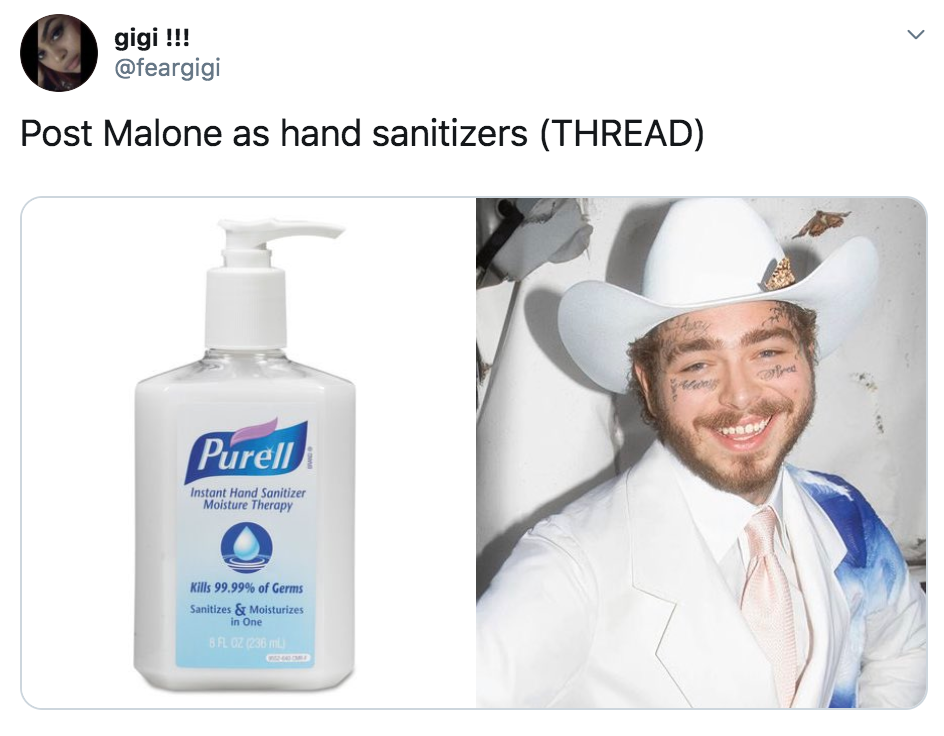 celebrities as hand sanitisers, hand sanitiser, sanitizer, hand, gel, meme, celebs, celebrity, Twitter, thread, coronavirus, COVID-19, wash, Post Malone