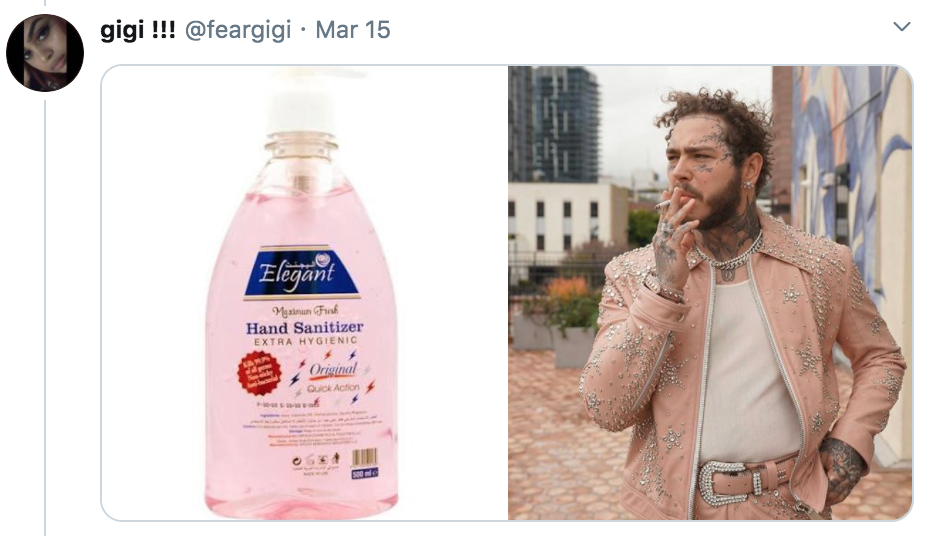 celebrities as hand sanitisers, hand sanitiser, sanitizer, hand, gel, meme, celebs, celebrity, Twitter, thread, coronavirus, COVID-19, wash, Post Malone