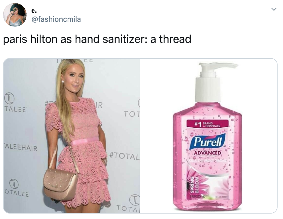 celebrities as hand sanitisers, hand sanitiser, sanitizer, hand, gel, meme, celebs, celebrity, Twitter, thread, coronavirus, COVID-19, wash, Paris Hilton