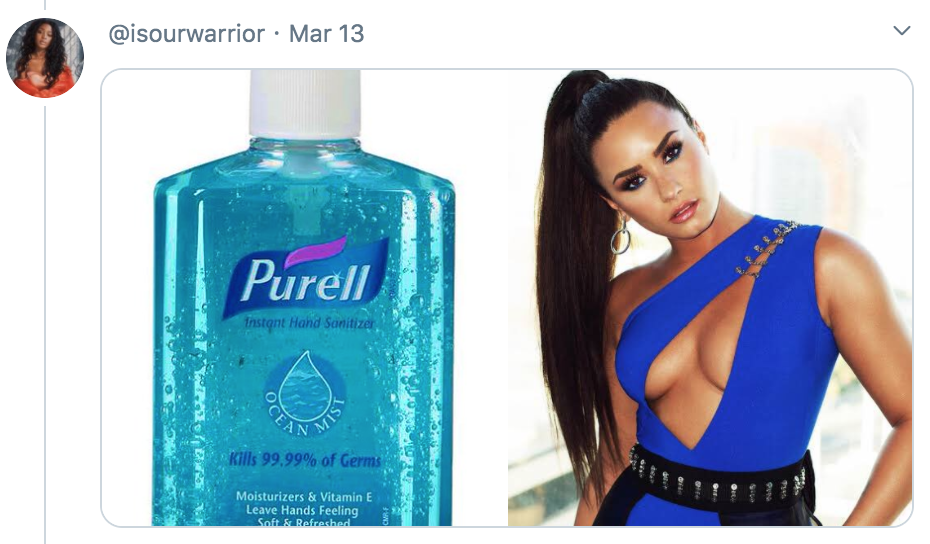 celebrities as hand sanitisers, hand sanitiser, sanitizer, hand, gel, meme, celebs, celebrity, Twitter, thread, coronavirus, COVID-19, wash, Demi Lovato