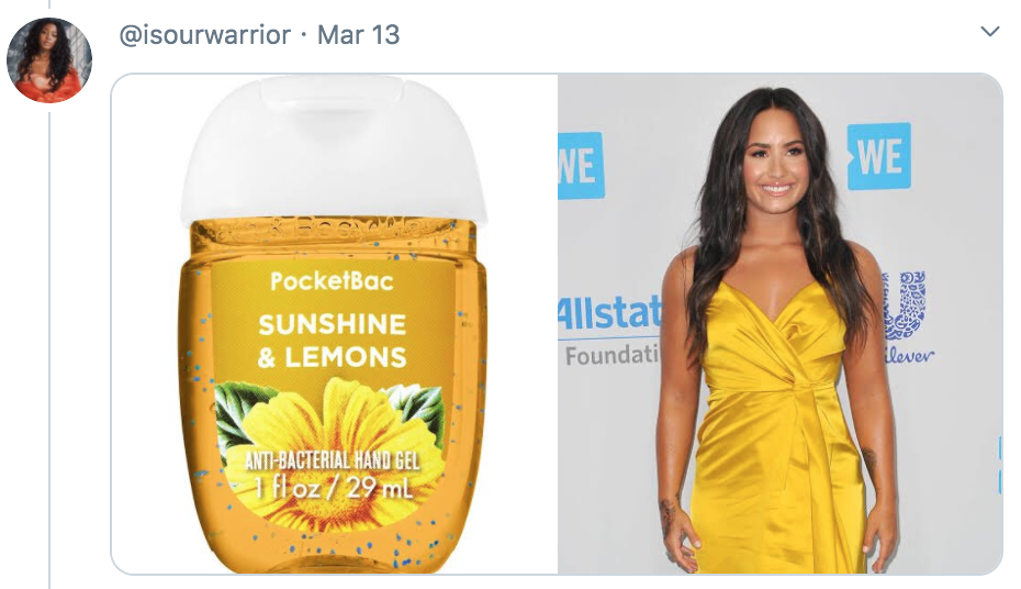 celebrities as hand sanitisers, hand sanitiser, sanitizer, hand, gel, meme, celebs, celebrity, Twitter, thread, coronavirus, COVID-19, wash, Demi Lovato