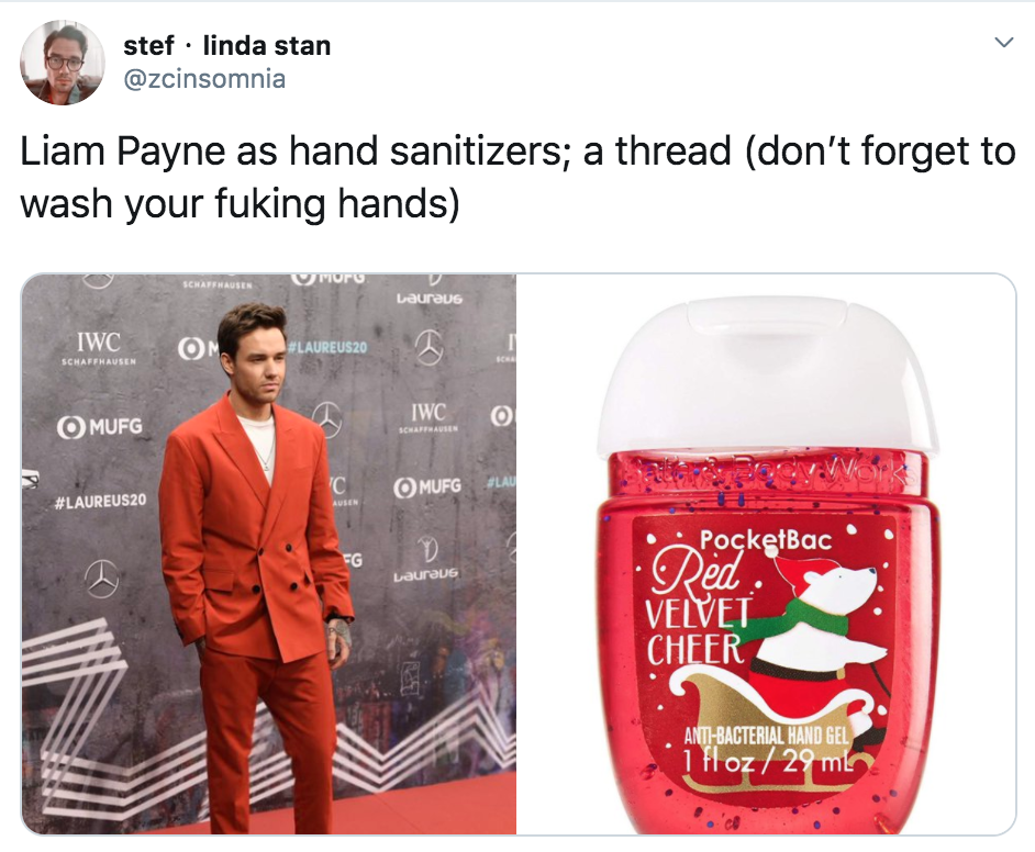 celebrities as hand sanitisers, hand sanitiser, sanitizer, hand, gel, meme, celebs, celebrity, Twitter, thread, coronavirus, COVID-19, wash, Liam Payne