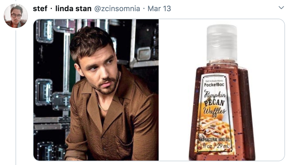 celebrities as hand sanitisers, hand sanitiser, sanitizer, hand, gel, meme, celebs, celebrity, Twitter, thread, coronavirus, COVID-19, wash, Liam Payne