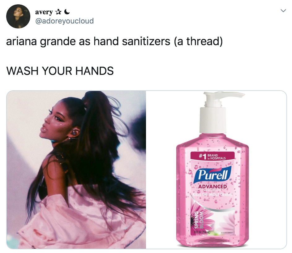 celebrities as hand sanitisers, hand sanitiser, sanitizer, hand, gel, meme, celebs, celebrity, Twitter, thread, coronavirus, COVID-19, wash, Ariana Grande