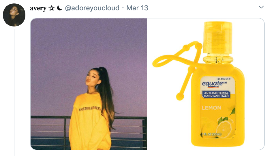 celebrities as hand sanitisers, hand sanitiser, sanitizer, hand, gel, meme, celebs, celebrity, Twitter, thread, coronavirus, COVID-19, wash, Ariana Grande