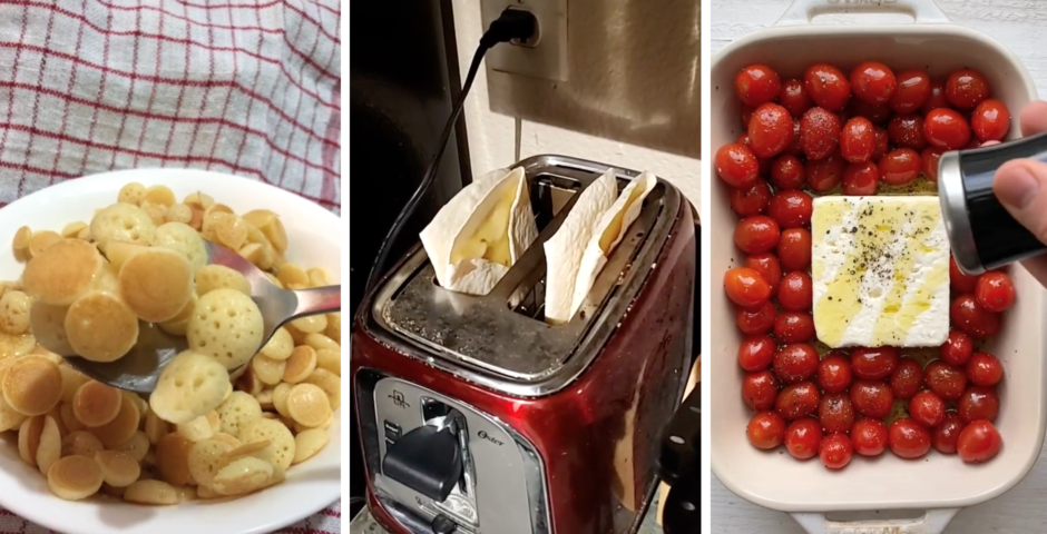 tiktok food, pancake cereal, toaster tortilla, tomato and feta