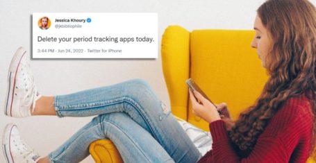 Pictured is a woman on a phone and a tweet about deleting period tracking apps