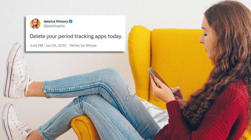 Pictured is a woman on a phone and a tweet about deleting period tracking apps