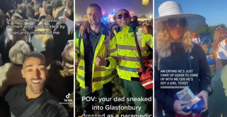 Pictured are people who snuck into Glastonbury
