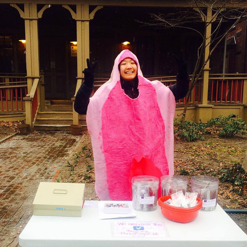 Annie Fong, student at the University of Pennsylvania, advertises for The Vagina Monologues in the vagina suit