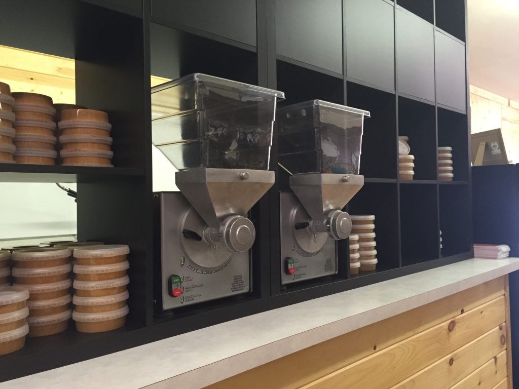 In addition to fresh crepes and sandwiches, Sprelly offers containers full of nut butters in a variety of flavors. All made by Sprelly's employees using grinders like these.