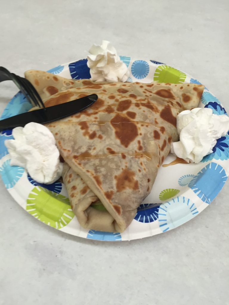 Apple Pie Crepe: Stuffed with apples, cinnamon peanut butter, apple butter, and caramel.