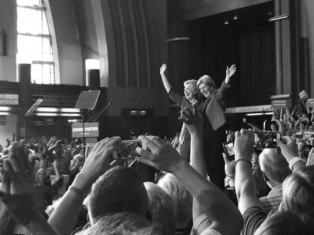 Hillary Clinton and Sen. Elizabeth Warren at Cincinnati Museum Center at Union Terminal in Cincinnati, Monday, June 27, 2016.