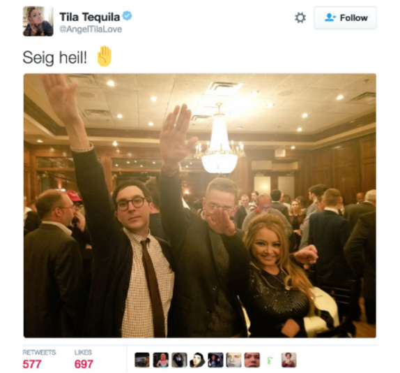 Photograph of Tila Tequila doing a Nazi salute