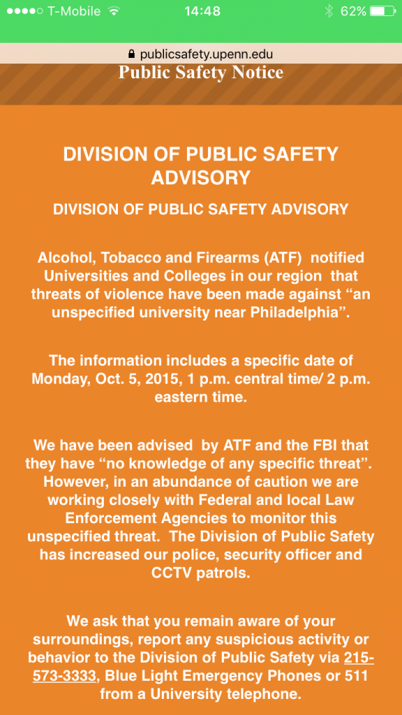 University of Pennsylvania Division of Public Safety Advisory