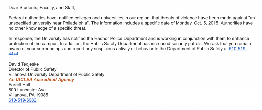 Villanova University Department of Public Safety Emergency Alert