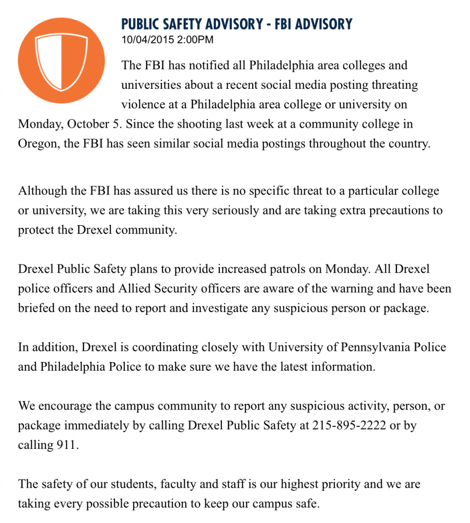 Drexel Public Safety Advisory - FBI Advisory