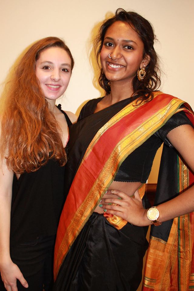 Meghana (right) in her saree for performance night