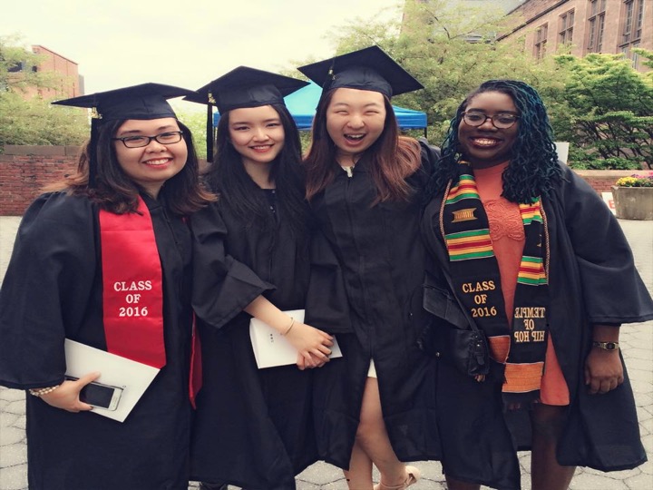 Here are Bettina, Anne, Nicole, and Sakile, graduating from Trinity College as Quest Scholars. Quest Scholars are a tight knit group of high achieving, low income students nationwide at various college campuses throughout the U.S. See https://www.questbridge.org/scholars for more information.