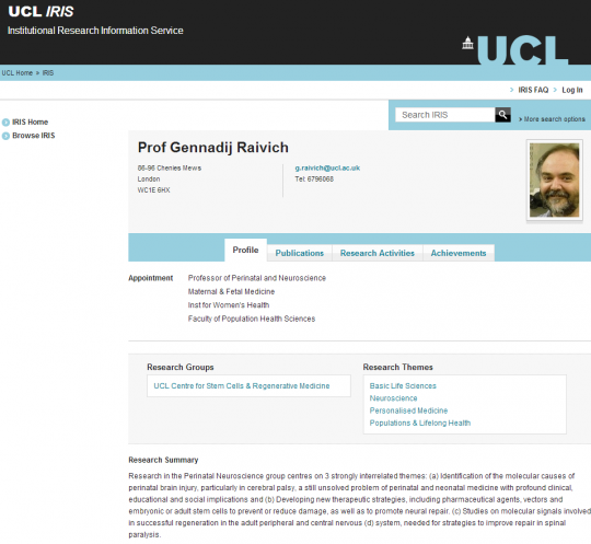 Professor Raivich's online staff profile