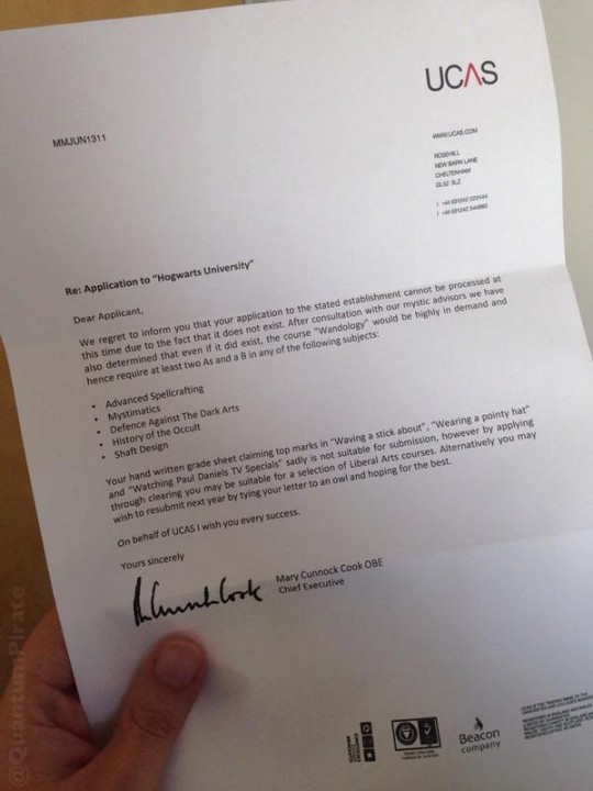 Hogwarts rejection letter