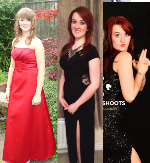 (left) Emily at her highschool prom (right) a party mad Med student
