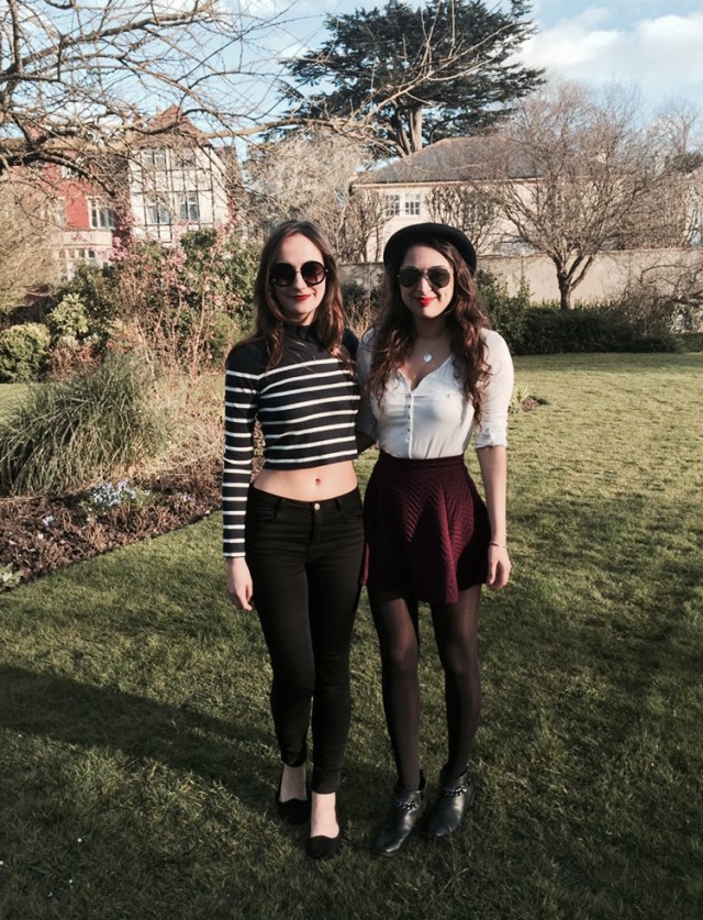 Author (right) enjoying life on the outside by wearing a skirt more than three inches above the knee