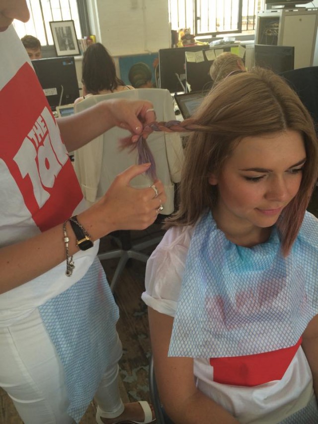 Plait the hair using the different coloured sections