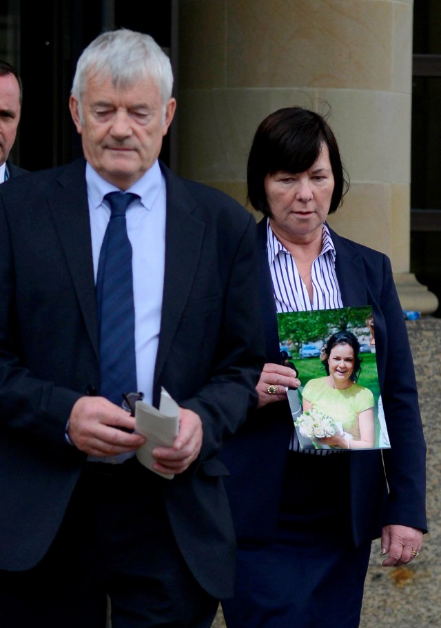 The parents of murdered Irish student Karen Buckley, 24, John Buckley, 62 and Marian Buckley, 61, talk to the media at Glasgow High Court