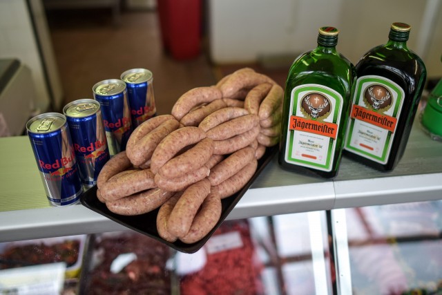 Stock photo of the JÃgerbomb sausages at H & S Milne & Sons Butchers in Aberdeen, Scotland. The sausages have proved to be a popular hit with locals. A Scots butcher has created the perfect hangover cure for a night of too many Jaegerbombs à Jaegerbomb sausages. See SWNS story SWSAUSAGE; H & S Milnes Butchers in Inverurie, on the outskirts of Aberdeen have been struggling to keep up with demand after creating the sausage at the end of last week. The Jaegerbomb sausage consists of minced pork, seasoning, breadcrumbs, Jaegermeister and Red Bull. Since posting the sausages onto Facebook they have been viewed over 17,000 times.