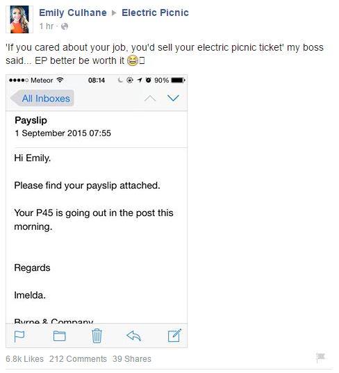 Dedication: Emily's post on the Electric Picnic Facebook page