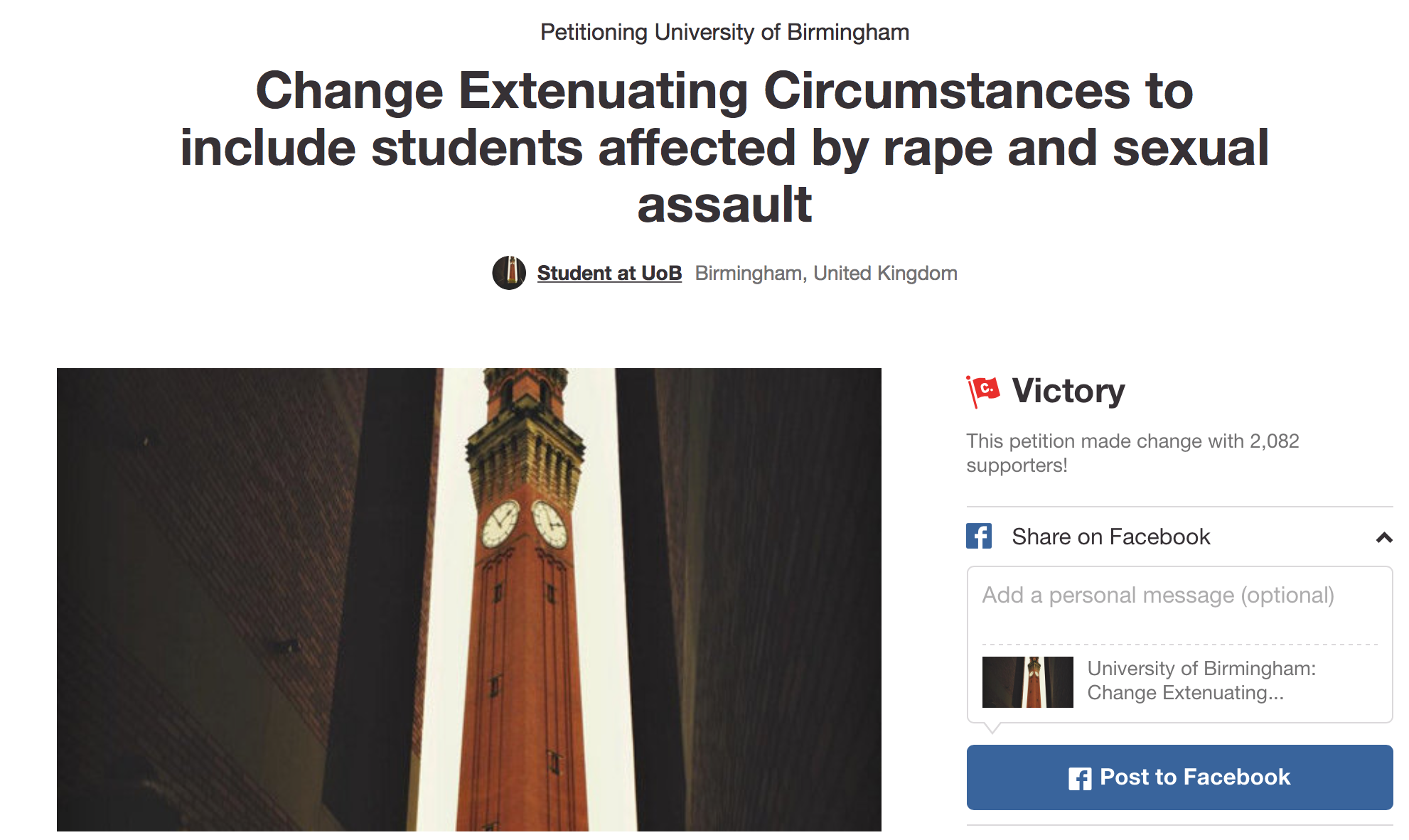 The Birmingham student's campaign received plenty of support