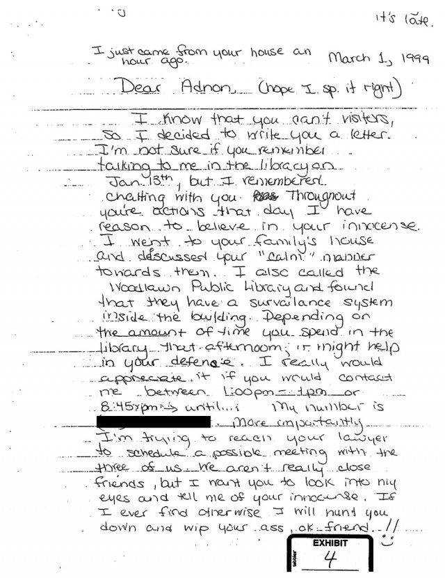 One of the letters Asia sent Adnan, from March 1 1999